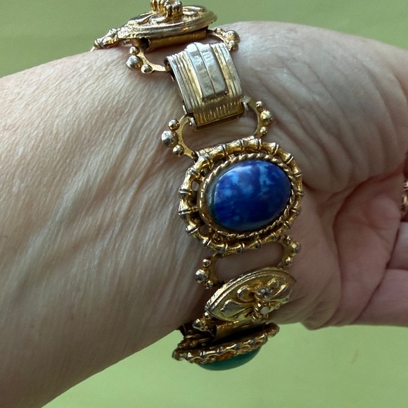 Vintage and Unique Gold and Multicolored Gemstone Chunky Bracelet - Picture 2 of 11